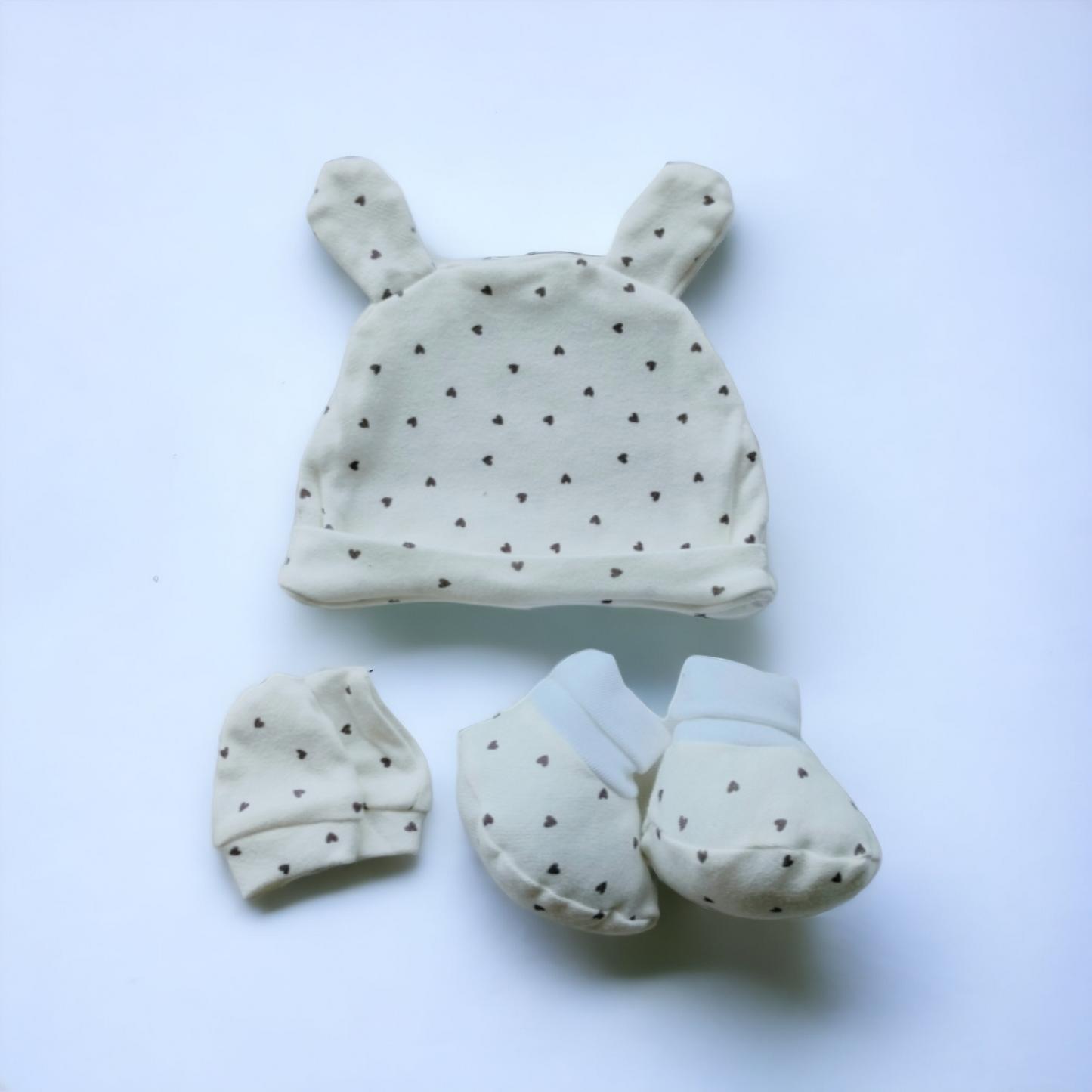 White Printed Baby Cap & Shoes with Mitten Set