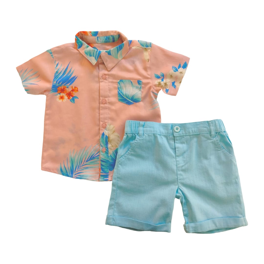 Floral Collar Shirt with Light Blue Short - Beach Theme