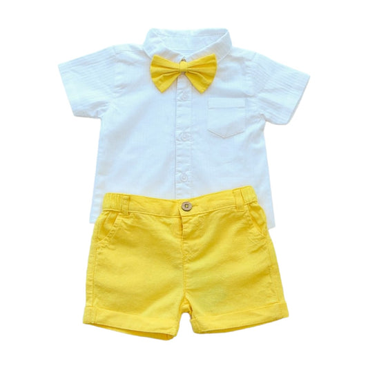 White Short Sleeved Shirt & Lemon Yellow Short With Bow Set