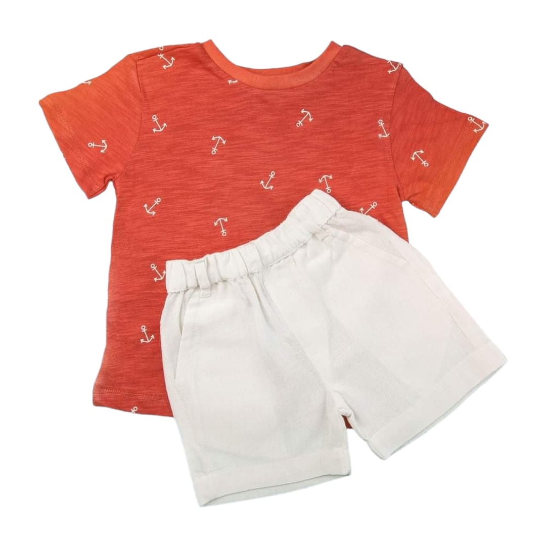 Anchor Printed Red T shirt with White Linen Short Set