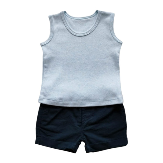 Baby White Skinny with Dark Blue Linen Short Set