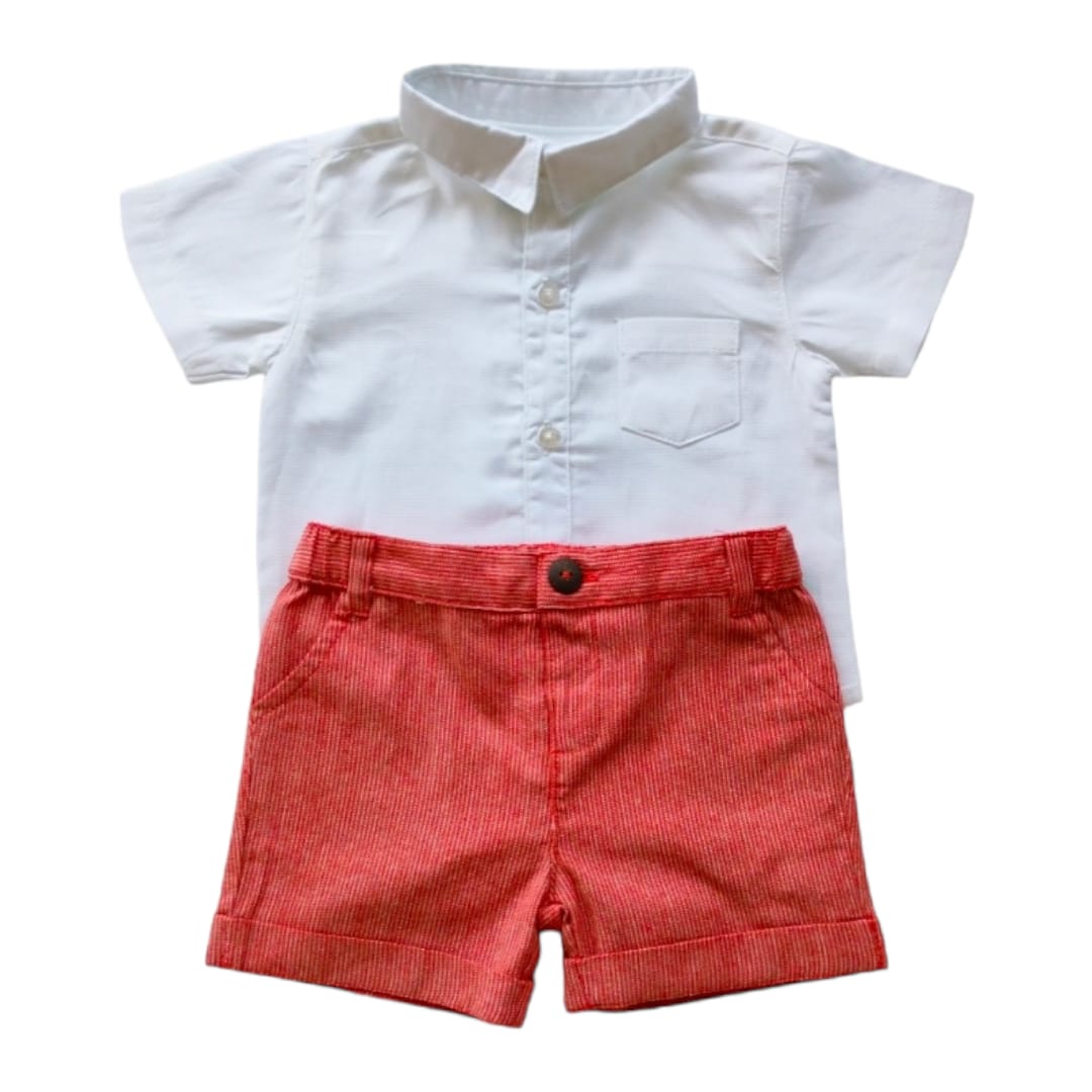 Baby White Collar Shirt with Red Striped Short Set