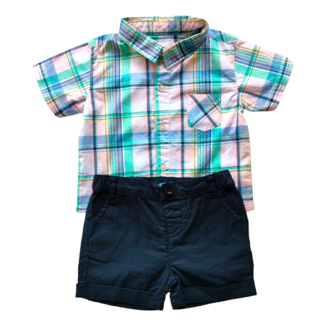 Boys Collar Check Shirt with Dark Blue Short Set