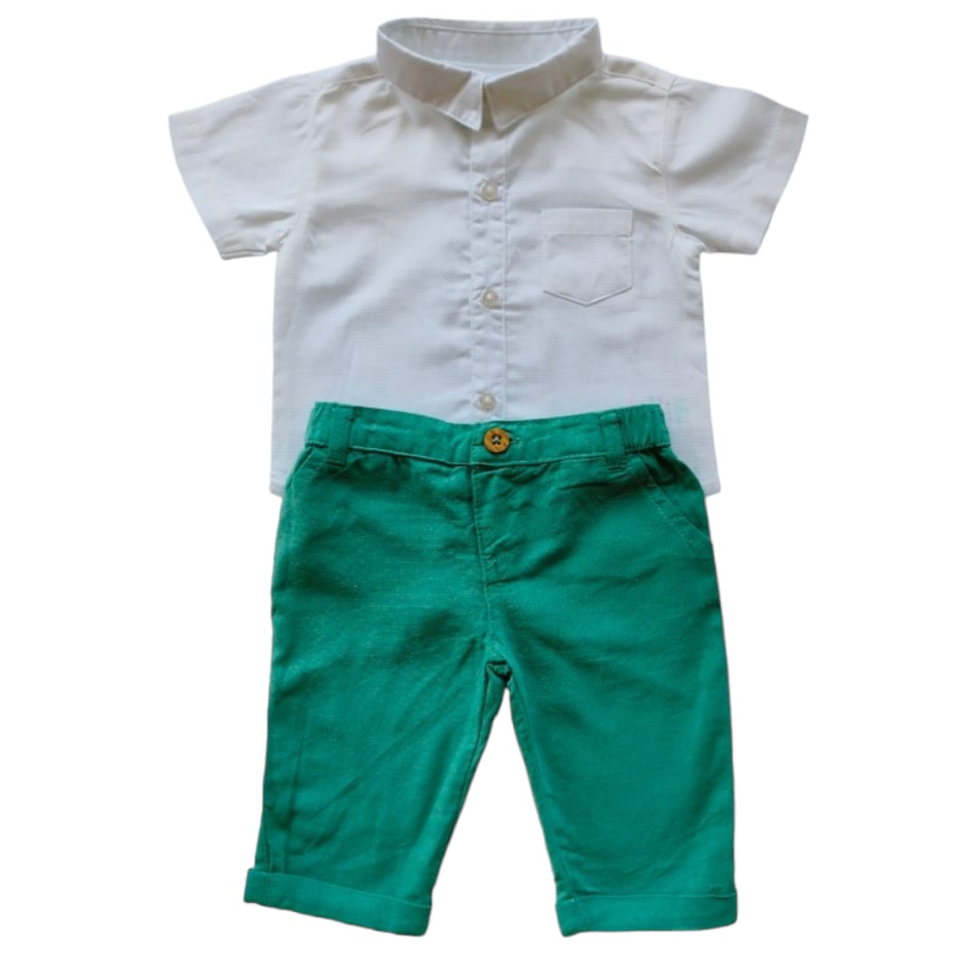 White Shirt with Green Linen Pant Set