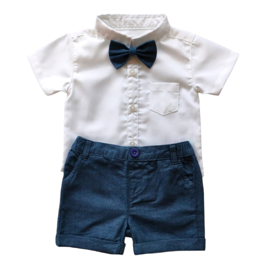 Boy's Collar White Shirt & Blue Short with Bow Set