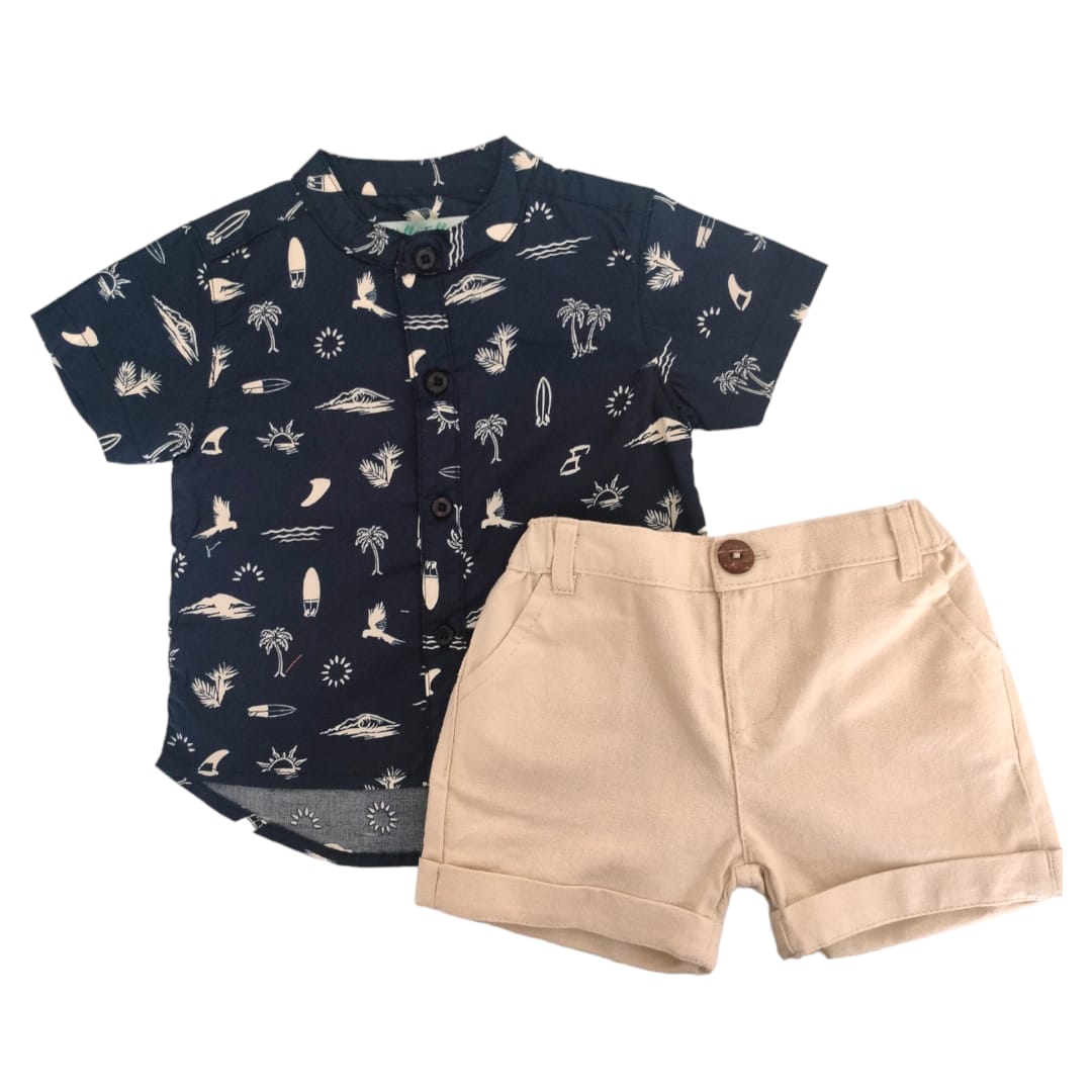 Boys Blue Chinese Collar Shirt with Cream Color Short Set
