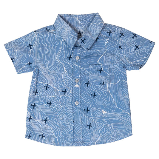 Boy's Collar Blue Shirt - Plane Printed