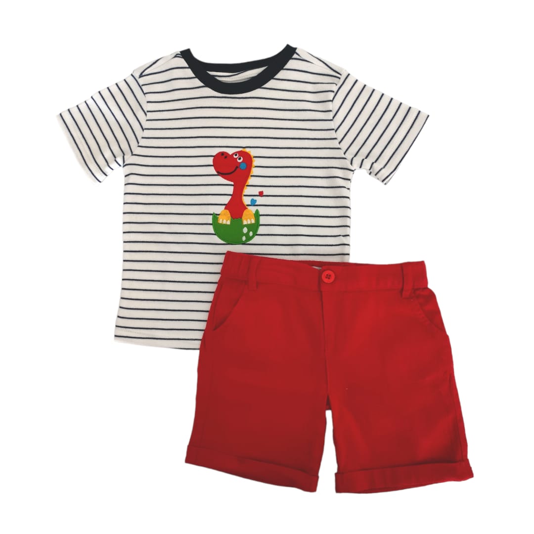 Dino Stripe T-Shirt with Red Linen Short Set