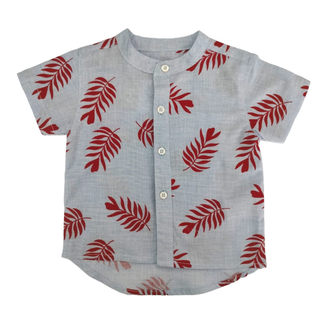 Boy's Chinese Collar Blue Shirt - Red Leaf Printed