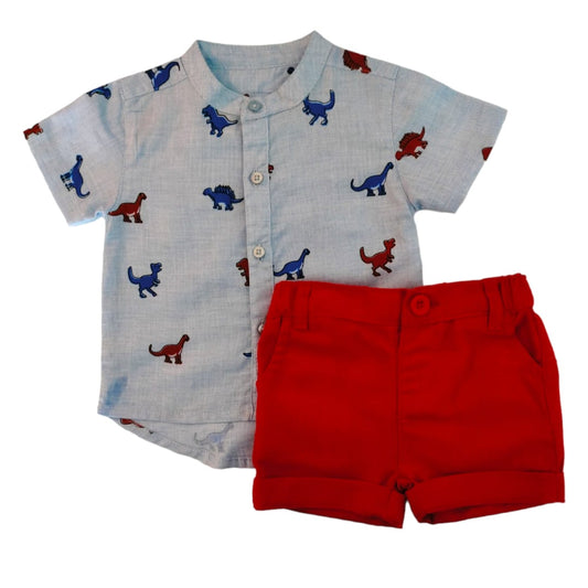 Boy's Chinese Collar Shirt with Red Short Set