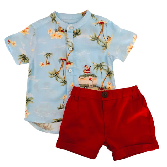 Boy's Chinese Collar Shirt with Red Short Set