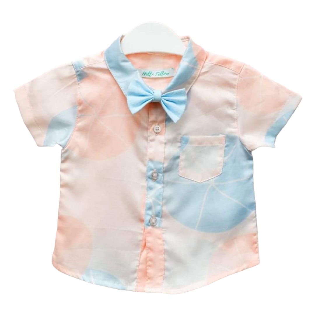Boy's Peach Floral Collar Shirt with Light Blue Bow