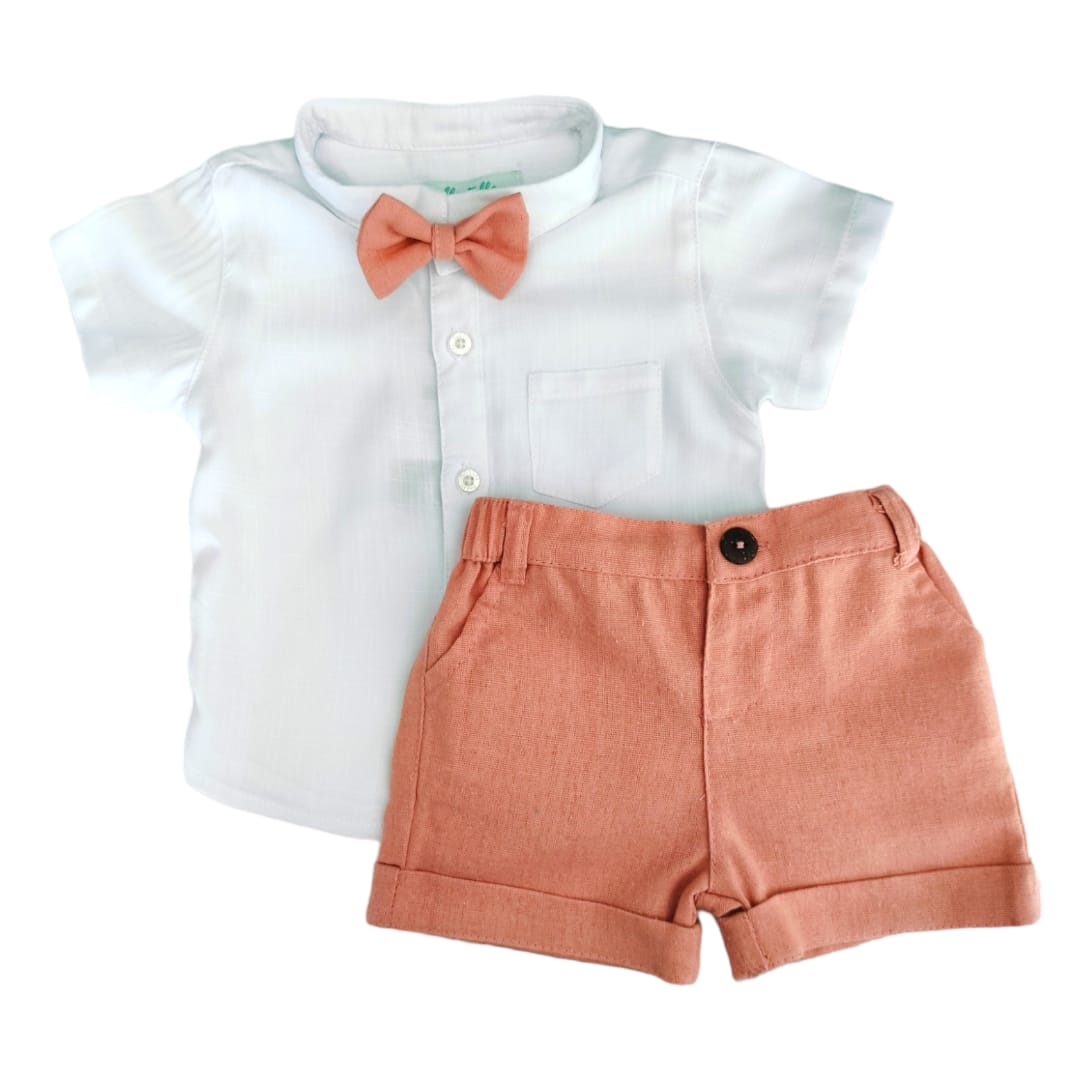 Boy's Short Sleeve Shirt and Peach Short with Bow Set