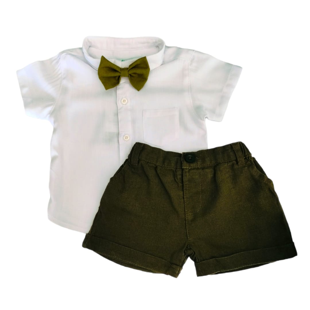 Boy's Short Sleeve Shirt and Olive Green Short with Bow Set