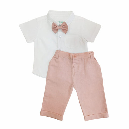 White shirt & Long pant with Bow - Peach