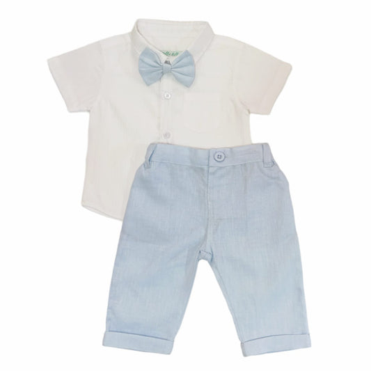 White shirt & Long pant with Bow-Light Blue