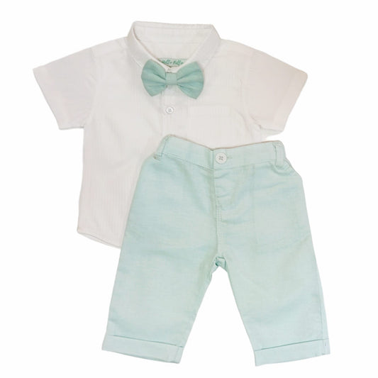 White shirt & Long Pant with Bow-Light Green