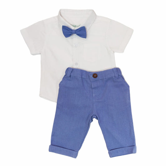 White shirt & Long pant with Bow-Cornflower Blue