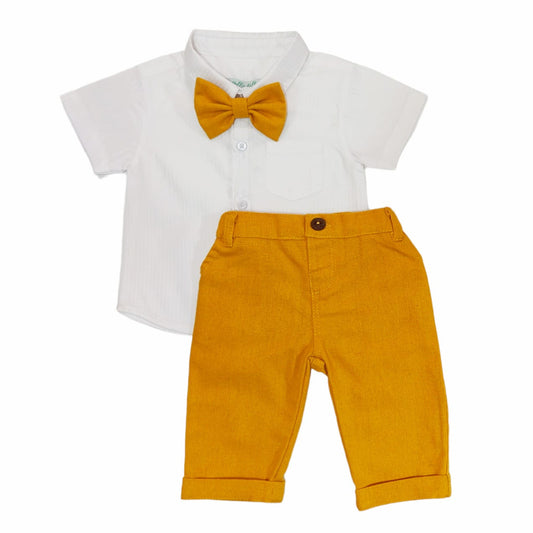 White Shirt & Long Pant with Bow-Mustard Yellow