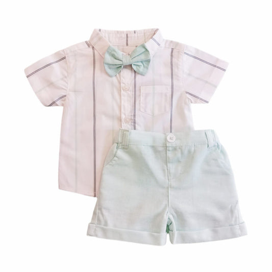White striped shirt & Light green short with Bow