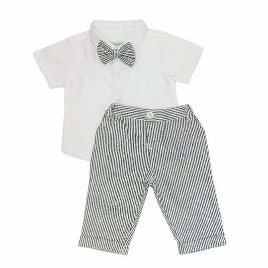 White shirt & Black striped Long pant with Bow