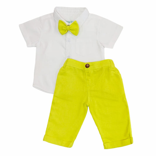 White shirt & Lemon yellow long pant with Bow