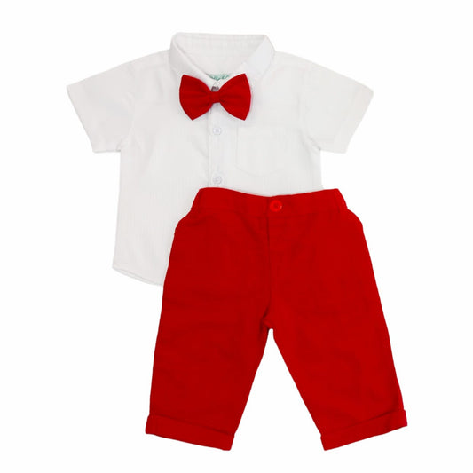 White shirt & Red long pant with Bow