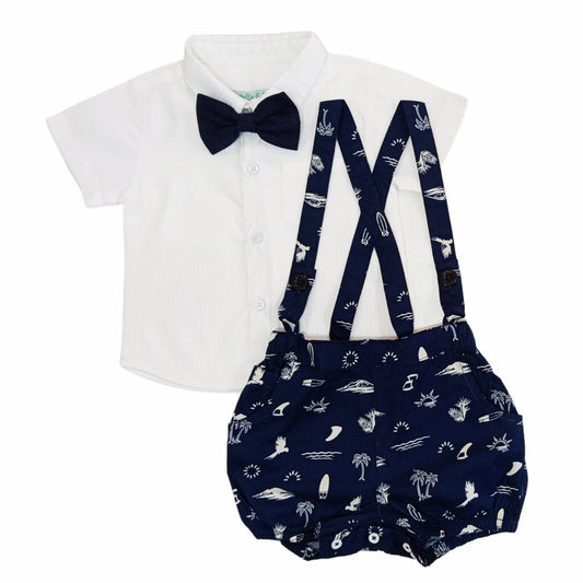 White shirt & Dark blue printed Dungaree with Bow