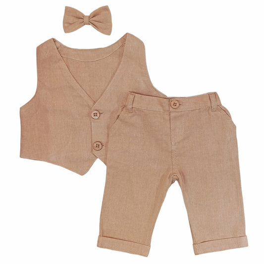 Waist Coat & Long Pant with Bow - Beige