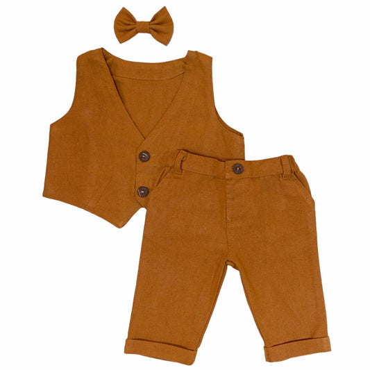 Waist Coat & Long Pant with Bow - Copper Brown