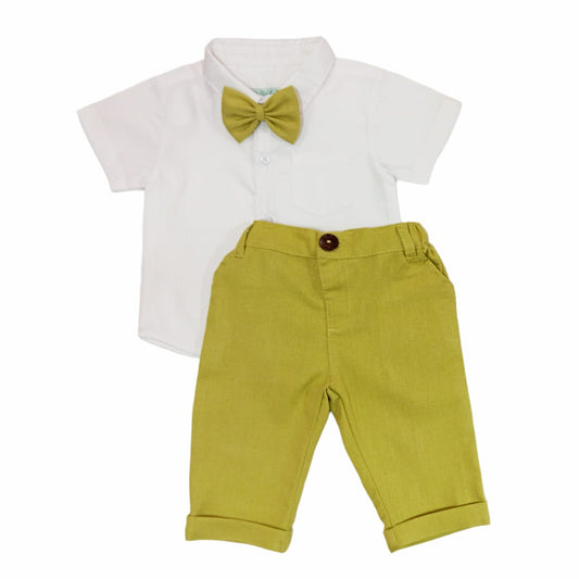 White Shirt & Yellow Green Long Pant with Bow