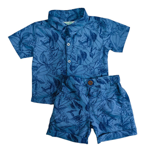 Boy's Collar Shirt with Short Set - Dark Blue Floral