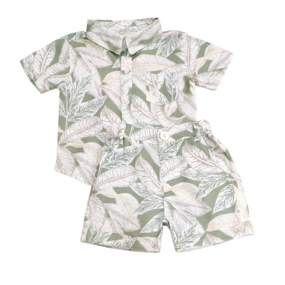 Boy's Collar Shirt with Short Set - Olive Green Floral