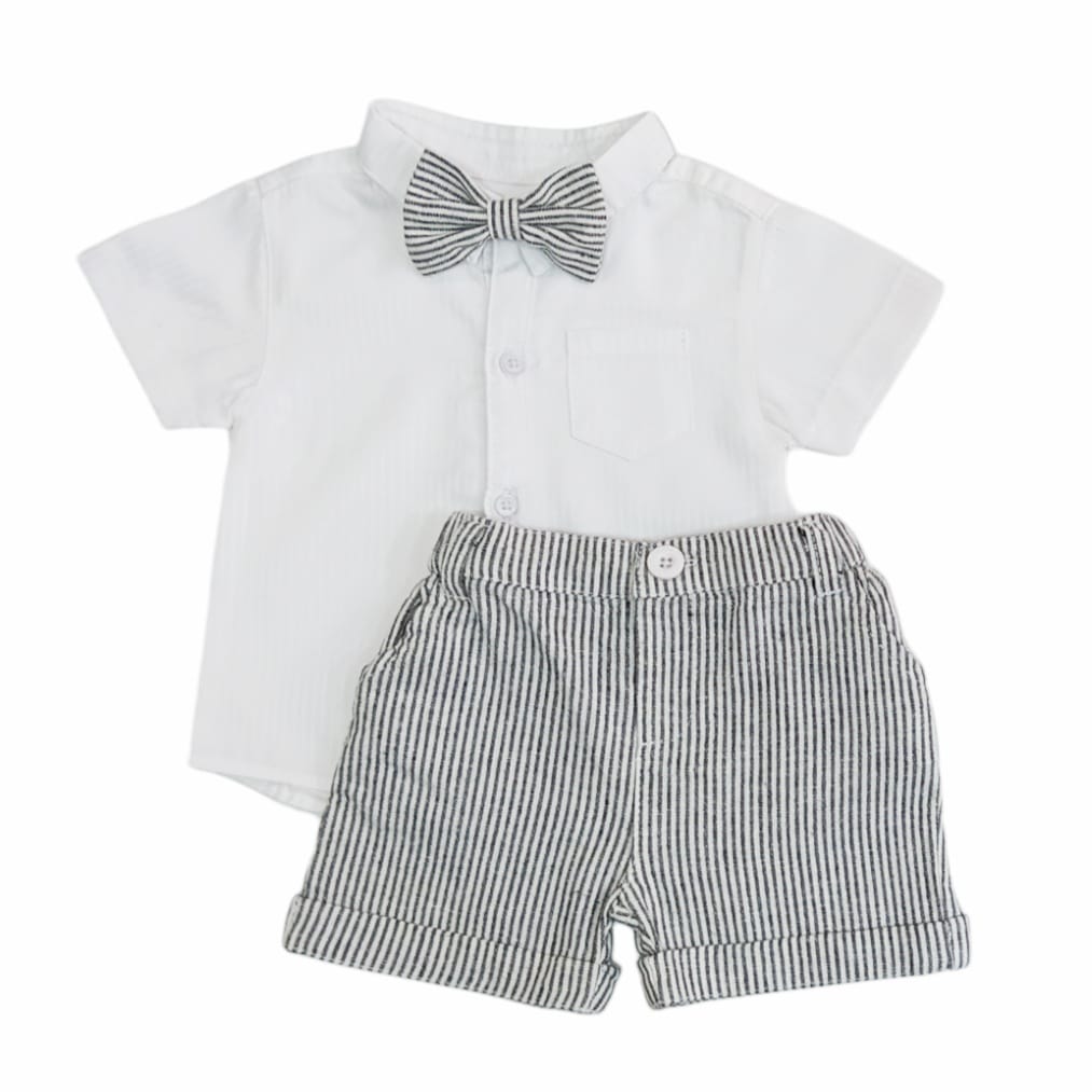 White shirt & Black striped short with Bow