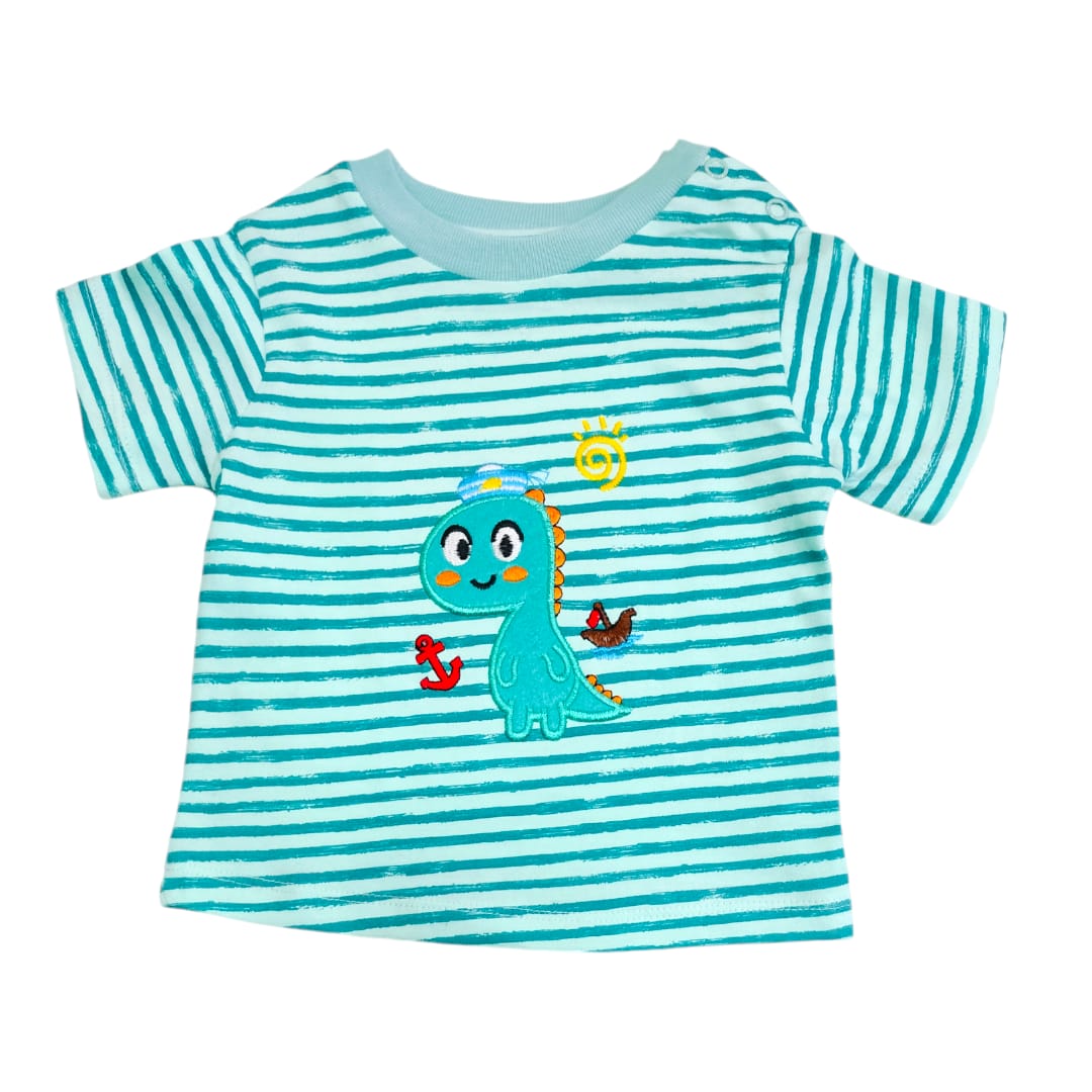 Boy's Stripe T Shirt - Green Dino Embrodered