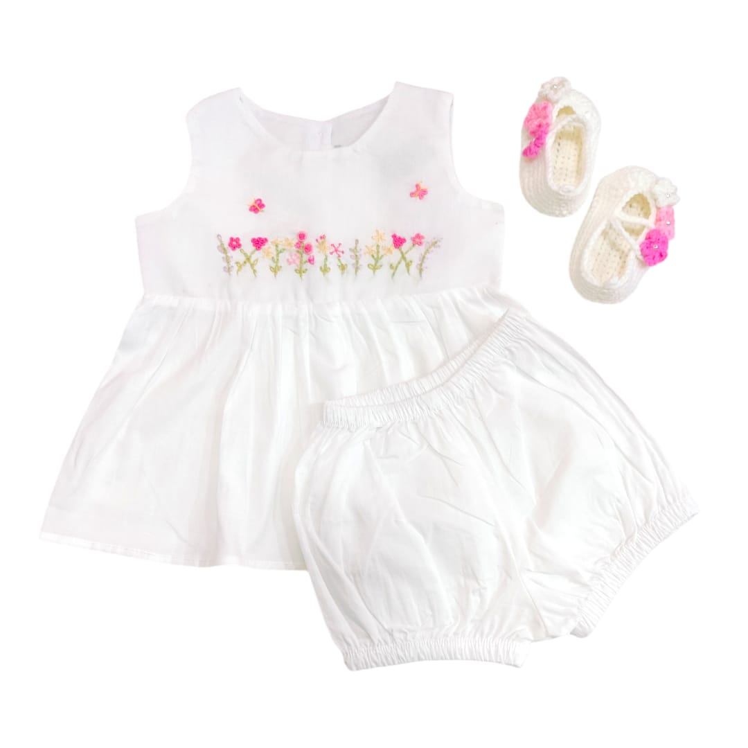 Girls Dress Set with Wool Shoe - White