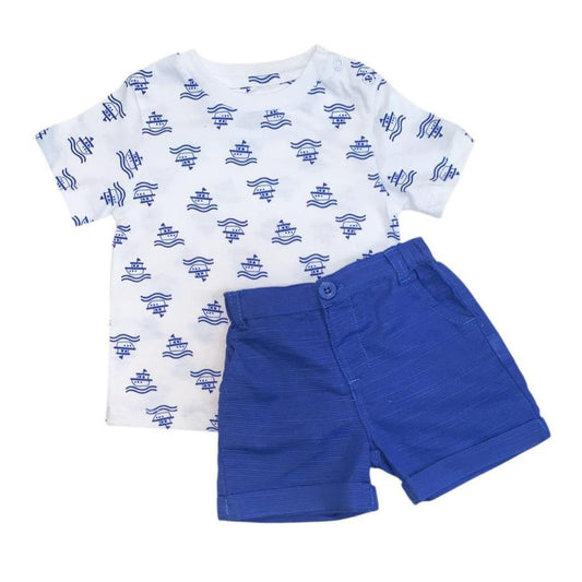 White Ship Print T-Shirt with Royal Blue Short