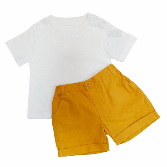 White T - Shirt with Mustard Yellow Short Set