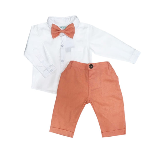 White Long Sleeve Shirt with Pastel Orange Pant & Bow