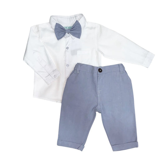 White Long Sleeve Shirt with Light Ash Pant & Bow