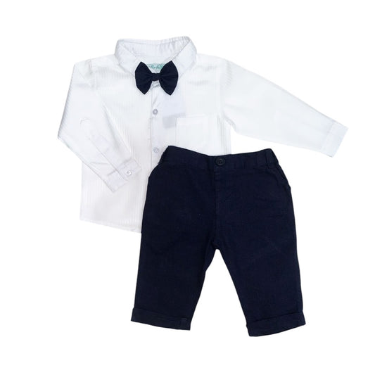 White Long Sleeve Shirt with Dark Blue Pant & Bow