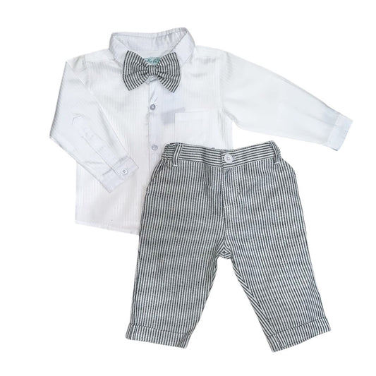 White Long Sleeve Shirt with Black Stripe Pant & Bow