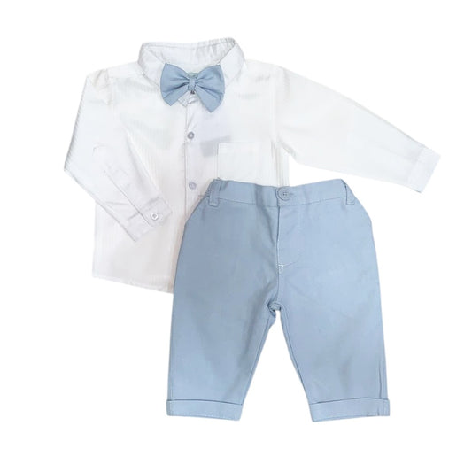 White Long Sleeve Shirt with Sky Blue Pant & Bow