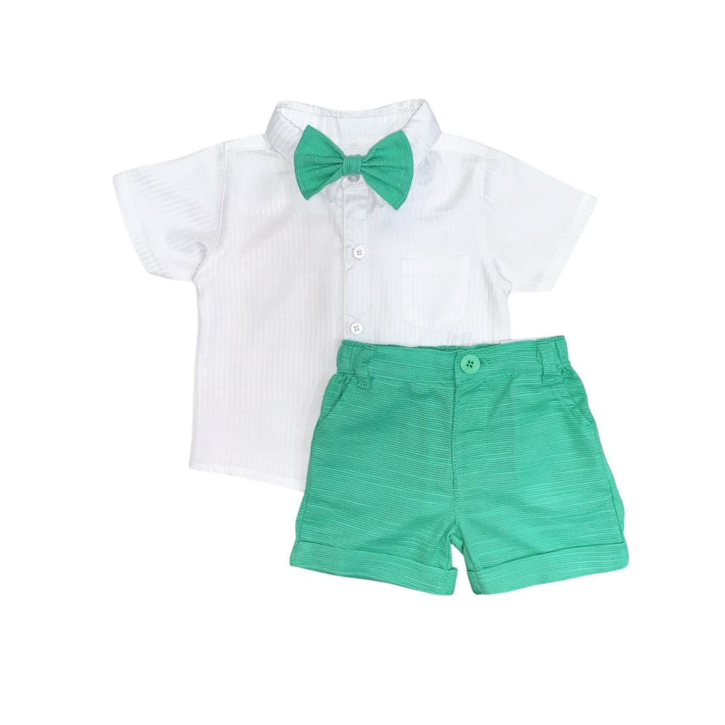 Boy's Collar White Shirt with Green Short & Bow