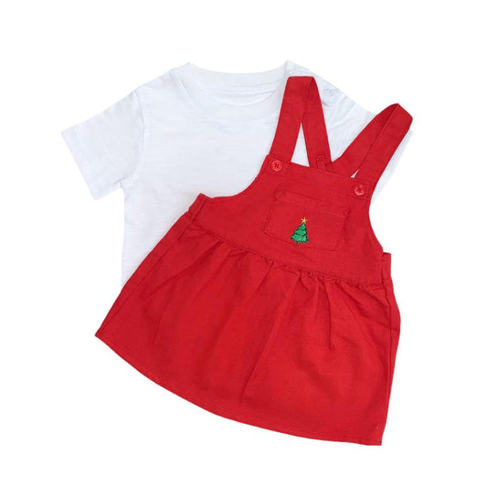 Girl 's Christmas Pinafore with White T - Shirt Set