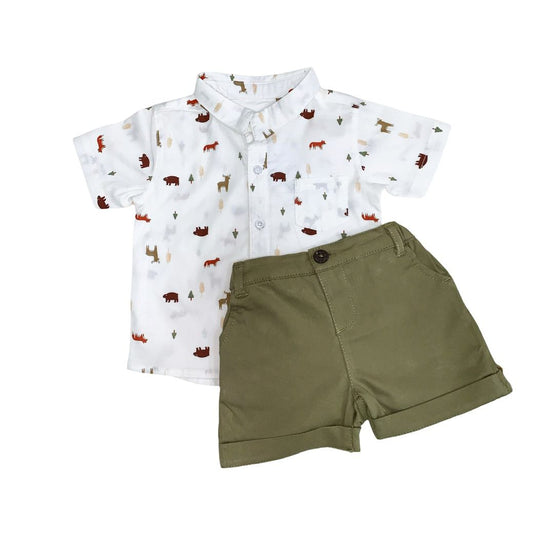 Boy's Collar Animal Print Shirt with Apple Green Short - Set