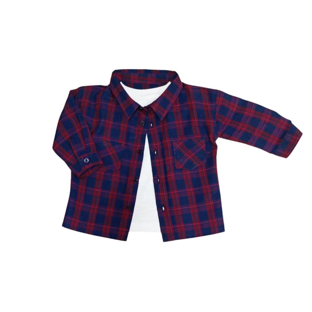 Dark Blue Long Sleeve Check Shirt with White T - Shirt