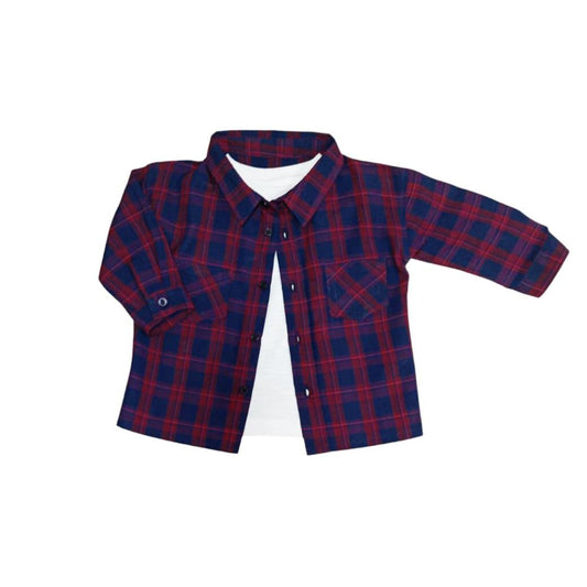 Dark Blue Long Sleeve Check Shirt with White T - Shirt