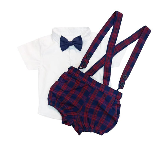 Dark Blue Check Dungaree with White Shirt & Bow