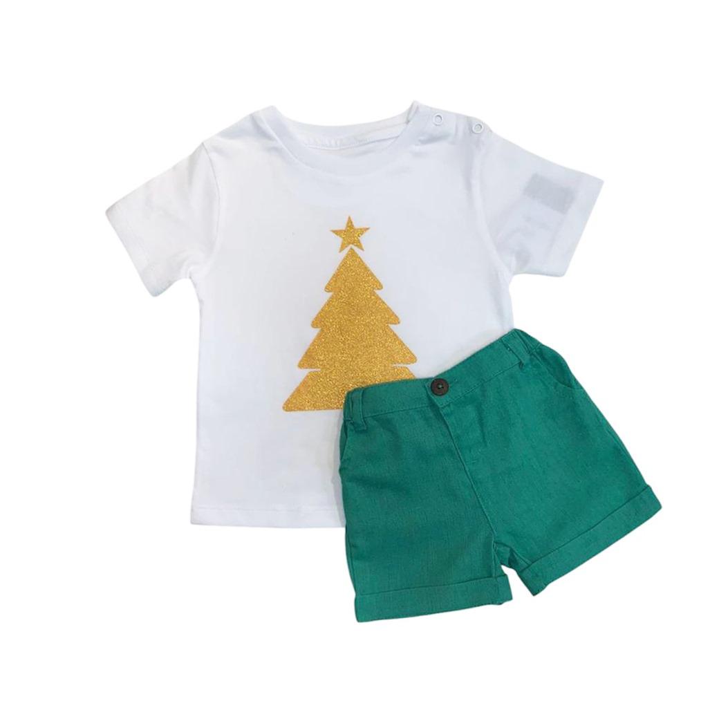 White T - Shirt with Tree Print & Green Short Set